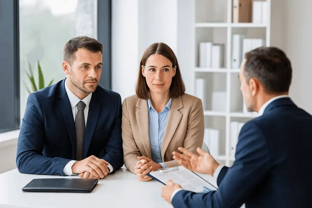 Professional couple in business attire meeting with a financial advisor to review retirement planning options in a modern office.