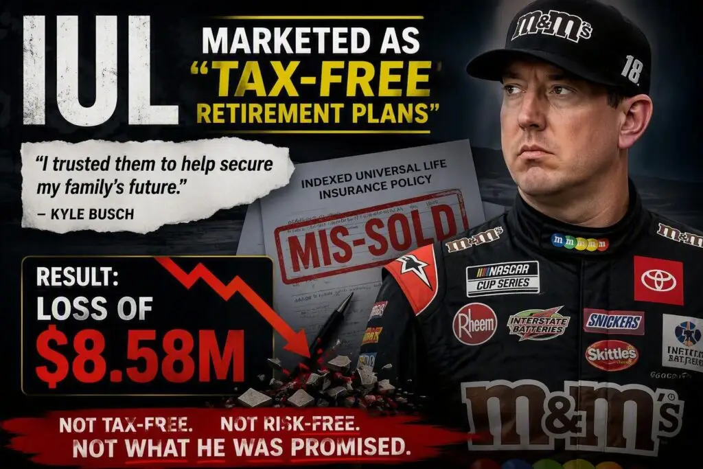 Graphic discussing Indexed Universal Life (IUL) insurance, featuring a claim of "tax-free retirement plans" alongside a highlighted loss of $8.58 million and concerns about policy misrepresentation.