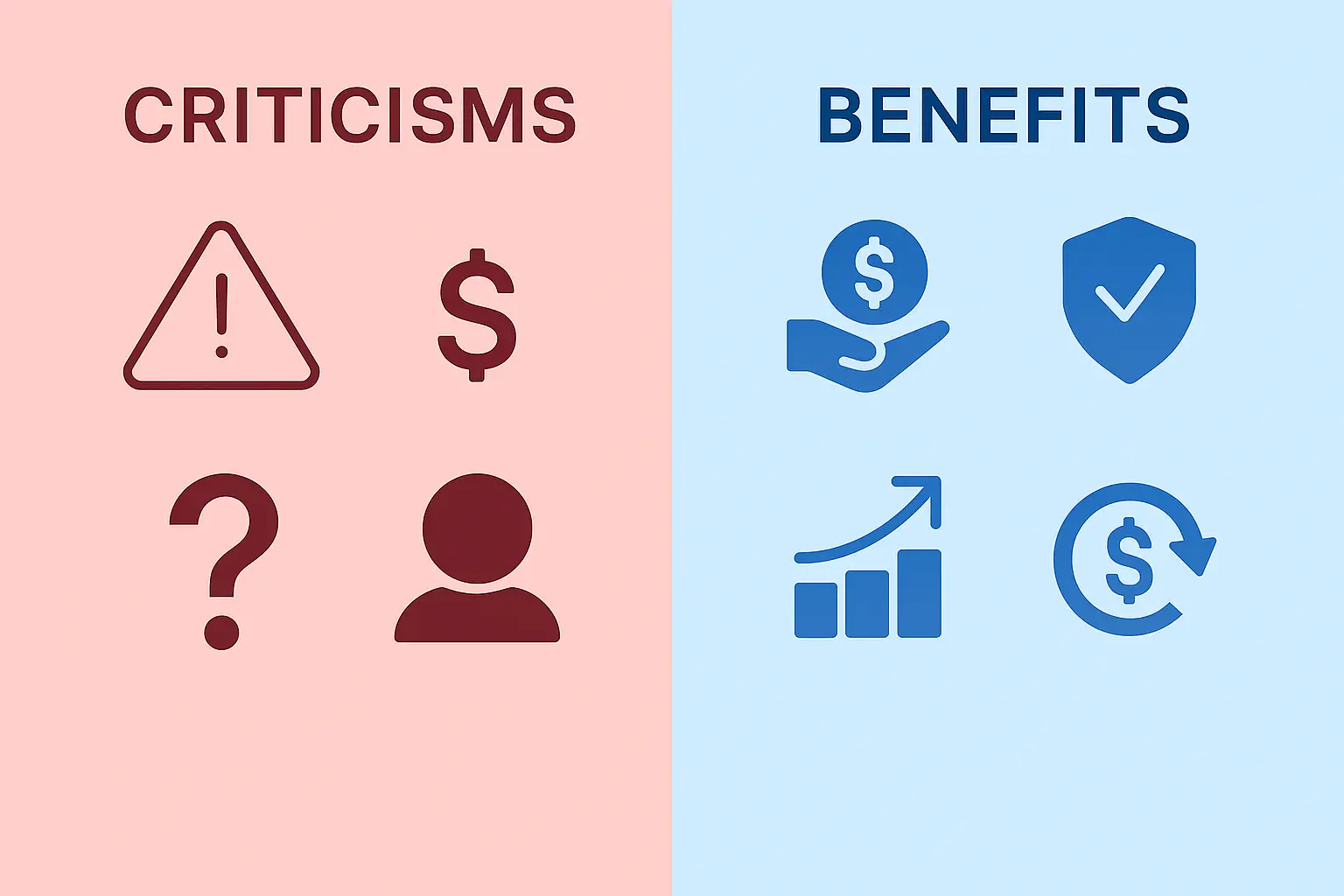 Visual grid comparing criticisms and benefits of Indexed Universal Life insurance, featuring icons only. Created by M&M Wealth Associates to clarify our services and debunk common IUL misconceptions