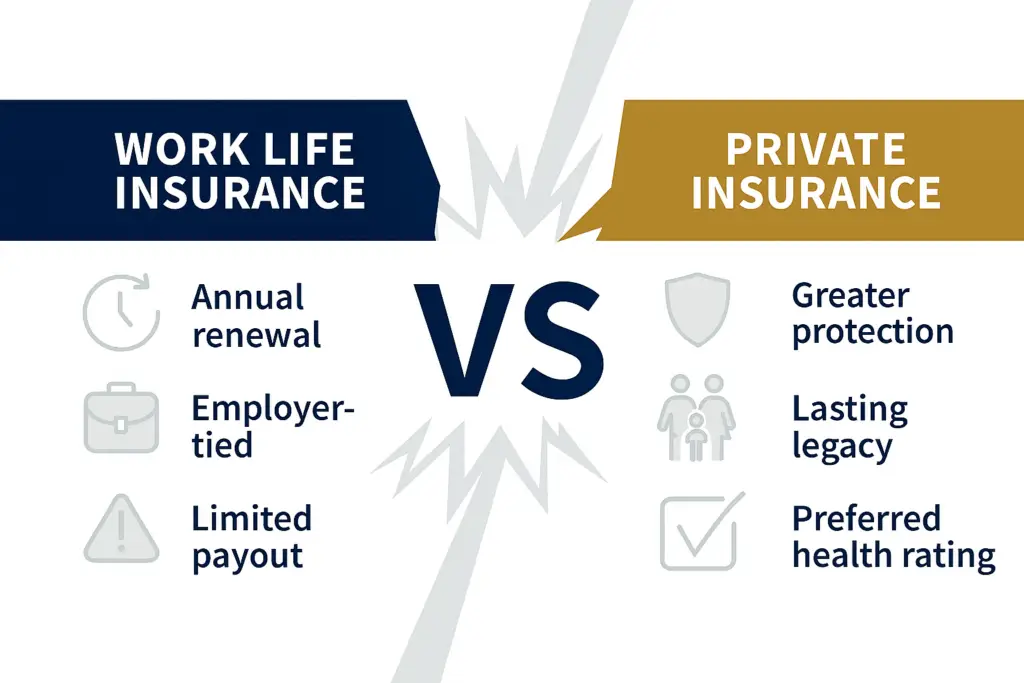 Side-by-side infographic comparing work life insurance and private insurance, highlighting key differences such as annual renewal, employer-tied limitations, and limited payout versus greater protection, lasting legacy, and preferred health rating. Designed for M&M Wealth Associates to educate consumers on the risks of relying solely on work life insurance.
