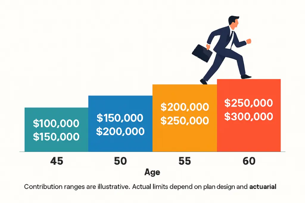 Defined Benefit Plan contributions for business owners and specialists average per age. M&M Wealth Associates. Pinnacle Planning.
