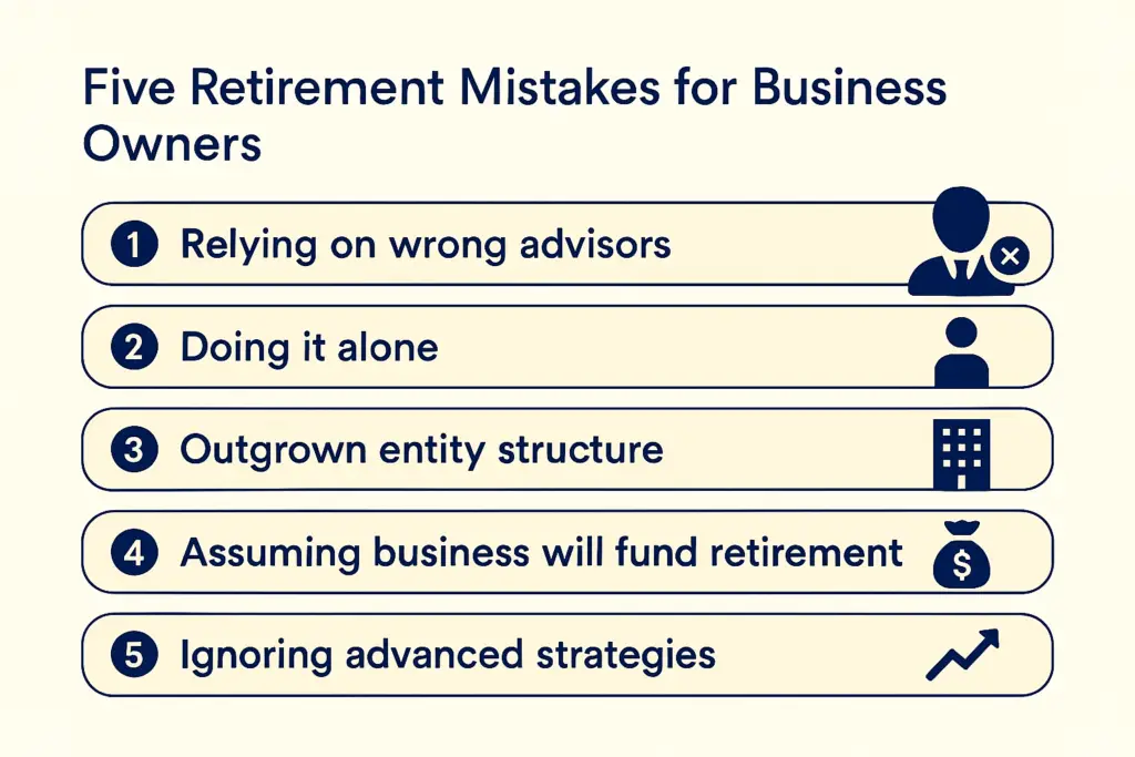 “Five Retirement Mistakes for Business Owners” listing common planning errors: wrong advisors, doing it alone, outdated entity structure, assuming the business will fund retirement, and ignoring advanced strategies. Each mistake is numbered and paired with a simple icon. M&M Wealth Associates