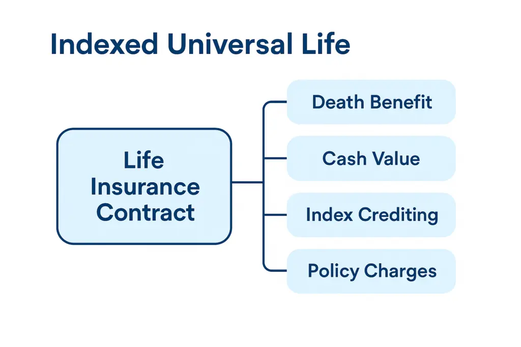 M&M Wealth Associates illustrating the structure of an Indexed Universal Life policy. Central box labeled “Life Insurance Contract” connects to four key components: Death Benefit, Cash Value, Index Crediting, and Policy Charges. Designed to help consumers understand the moving parts behind the Kyle Busch lawsuit.
