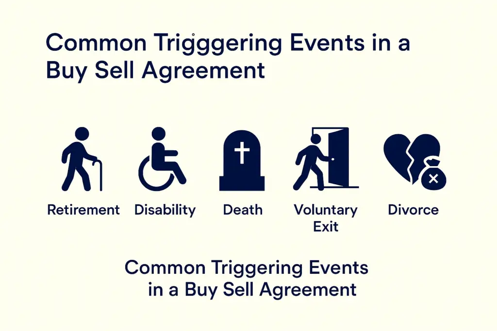 “Common Triggering Events in a Buy Sell Agreement,” displaying six minimalist navy icons with labels: Retirement, Disability, Death, Voluntary Exit, Divorce, and Bankruptcy, arranged evenly across a light neutral background. M&M Wealth Associates