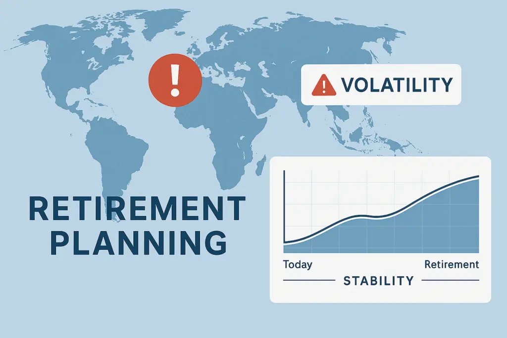 Visual representation of global volatility and retirement planning stability, featuring a world map with a conflict indicator and a retirement income chart. Designed for M&M Wealth Associates to illustrate how geopolitical tension impacts retirement planning.