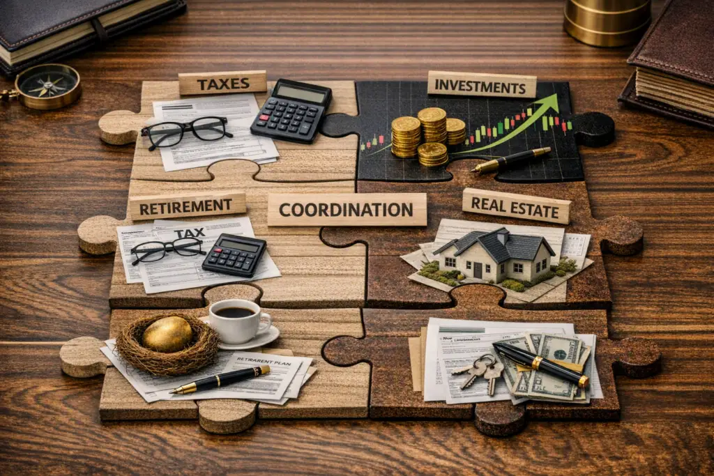 Tax strategies for high earners illustrated through coordinated financial planning, connecting taxes, investments, retirement, and real estate. M&M Wealth Associates. Michael Henry, partner, CRC